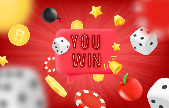 You win concept with flying casino chips, dice and coins. 3d vector illustration
