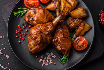 Delicious grilled chicken legs with spices and herbs in teriyaki sauce