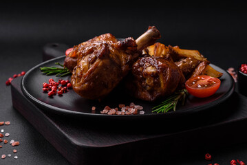 Delicious grilled chicken legs with spices and herbs in teriyaki sauce