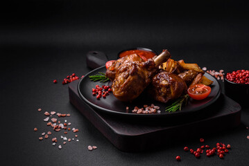 Delicious grilled chicken legs with spices and herbs in teriyaki sauce