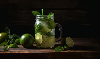 a mason jar filled with limeade and limes on a wooden table.  generative ai