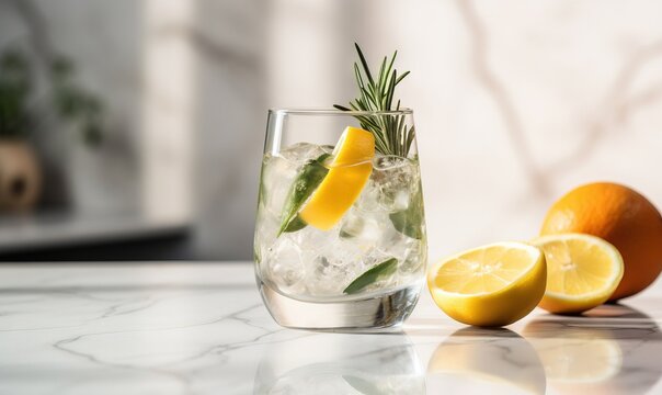  a glass of ice water with lemons and a rosemary sprig.  generative ai