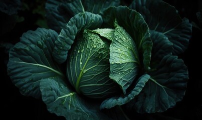  a close up of a green leafy vegetable on a black background.  generative ai