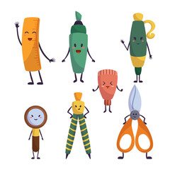 School Items Characters Set. Ruler, Pen, Compass And Loupe. Scissors, Highlighter And Sharpener Cute Personages