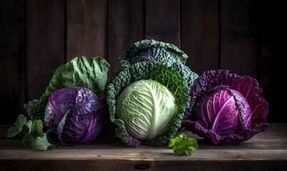 Obraz premium a group of cabbages sitting on top of a wooden table. generative ai