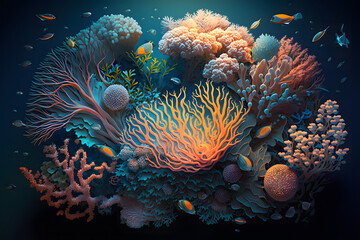 Fototapeta na wymiar Fantasy Coral And Reefs Underwater, plant and leaves floral background