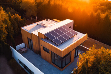 Top down view of the modern single family home's solar panels in sunset light. High quality generative ai