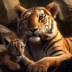 Obraz premium Beautiful baby in mother tiger's arms AI Generated photo