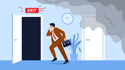Vector illustration with a guy running away from smoke in a panic. Cartoon scene of an office worker covering his nose with a handkerchief and running to the exit from a smoky room.
