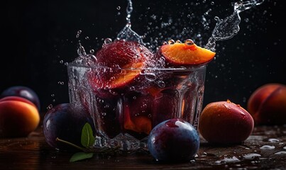 Fototapeta na wymiar a glass filled with water and fruit on top of a table. generative ai