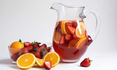  a pitcher of liquid with strawberries and oranges next to it.  generative ai