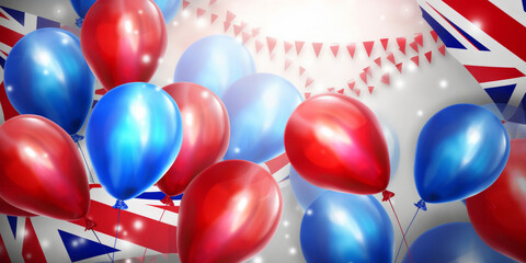 United Kingdom union jack flag bunting and party balloons. UK celebration background. Generative ai
