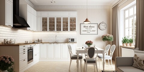 Fototapeta na wymiar Warm pastel white and beige colors are used in the interior design of the spacious, cheerful studio apartment in the Scandinavian style. Generative AI illustration