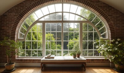  a room with a large arched window and a bench in front of it.  generative ai