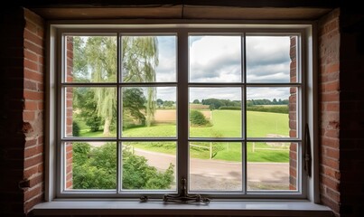 Fototapeta na wymiar a window with a view of a grassy field and trees. generative ai