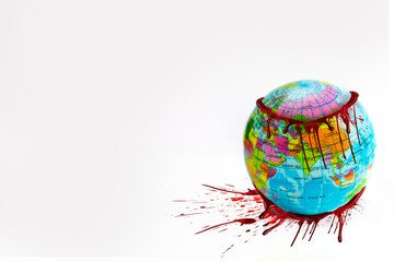 Global earth with dripping blood isolated on white background, broken world,Environmental Damage,industry,business economy, sickness copy space