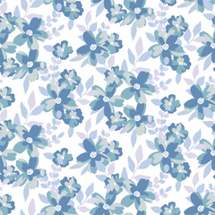 Seamless floral pattern, watercolor ditsy print with rustic motif. Delicate botanical design with hand drawn plants: small blue flowers, leaves, bouquets on a white background. Vector illustration.
