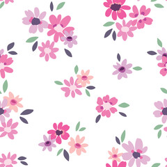 Seamless floral pattern, liberty ditsy print with tiny spring botany. Cute botanical design for fabric, paper: small hand drawn flowers, leaves on a white background. Trendy flower surface. Vector.