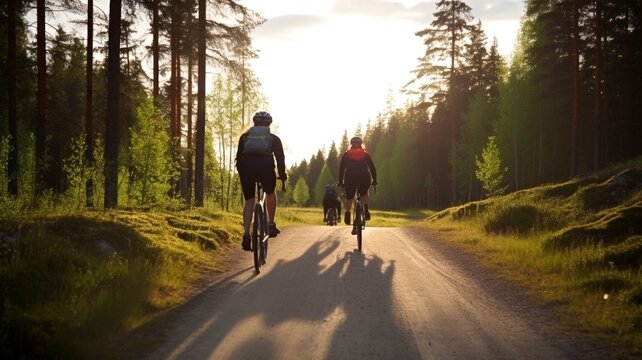 group of cyclists ride into the sunset generative ai