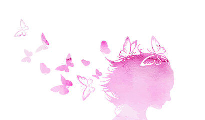 Woman head silhouette with flowers and butterflies, Pink head of a girl with butterflies. Vector illustration