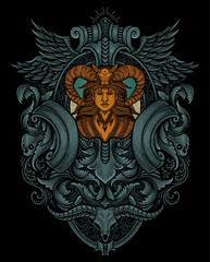 Vector illustration. beautiful demon girl with vintage engraving ornament style perfect for your business and T shirt merchandise