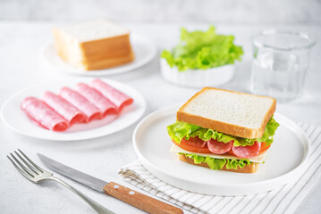 Sandwich with sausage, cheese and tomato for lunch