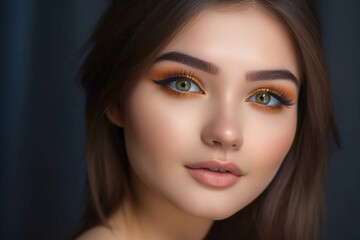 Pretty young woman with bright eyes makeup. Generative AI