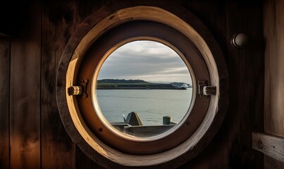  a round window with a view of a body of water.  generative ai