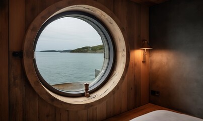  a round window with a view of a body of water.  generative ai