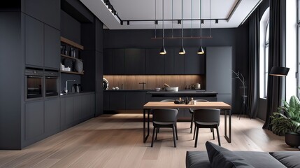 interior of a modern futuristic kitchen with plants or botanicals, interior design, generative AI