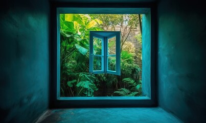  an open window with a view of a tropical forest outside.  generative ai