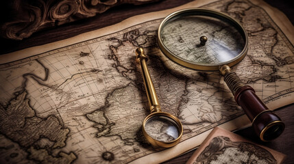 Fototapeta na wymiar Vintage magnifying glass lies on an ancient world map, Generative Ai