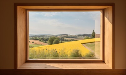  a window with a view of a field of yellow flowers.  generative ai