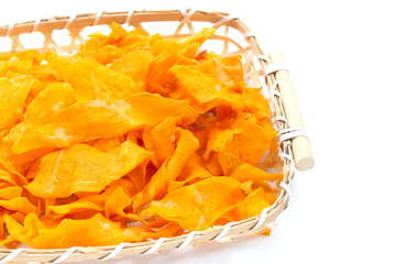 Sweet potato chips on white background.