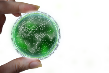 Green planet with the continents Africa and Eurasia in the hands of a person on a transparent background.