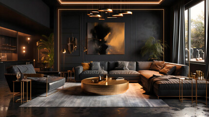 A black living room with a gold lamp and wood furniture