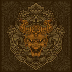 Fototapeta premium Vector illustration. scary demon mask with vintage engraving ornament style perfect for your business and T shirt merchandise