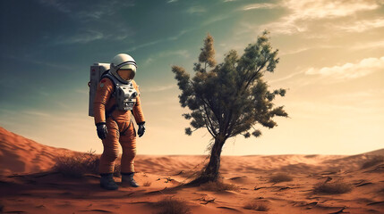 An astronaut with a tree on mars