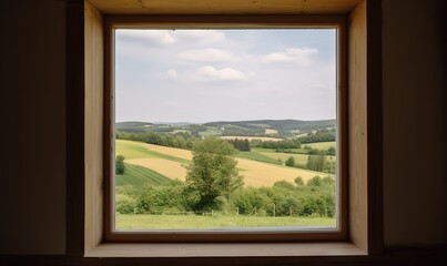  a window with a view of a field and a tree.  generative ai