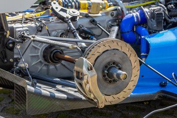 close up of racing car brake disc during tire change