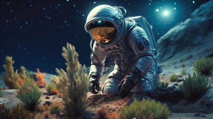 A space astronaut plants a pine near an alien landscape with an orbital planet and starry planet - obrazy, fototapety, plakaty