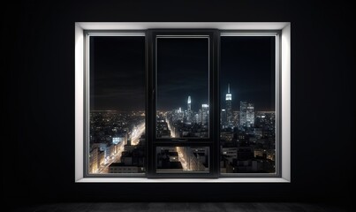  a window with a view of a city at night from a dark room.  generative ai