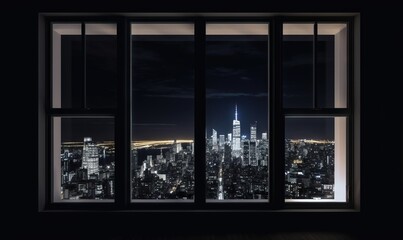 Fototapeta na wymiar a window with a view of a city at night time. generative ai