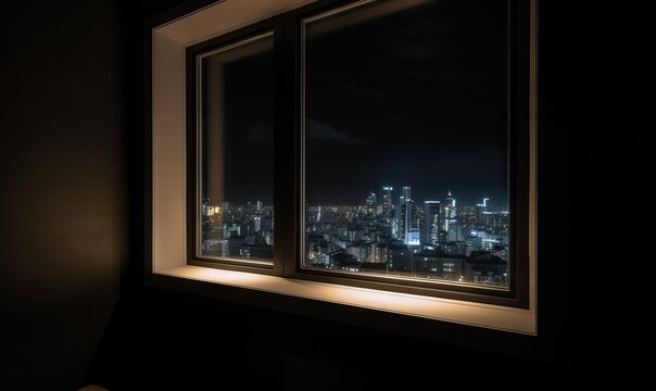  a view of a city from a window at night time.  generative ai