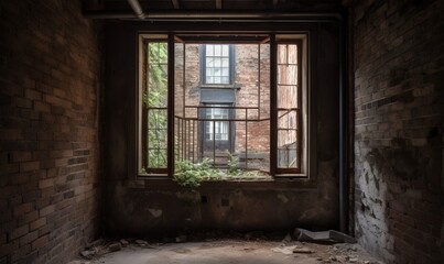 Fototapeta na wymiar a room with a brick wall and a window with bars on it. generative ai