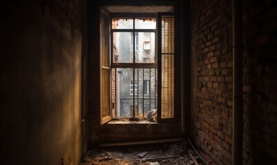 Fototapeta na wymiar a room with a brick wall and a window with bars on it. generative ai