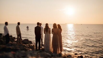 Fototapeta premium Wunderschöne Hochzeit am Strand, Meer, Wellen, Gäste, Brautppar, Shooting, generative AA