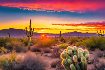 vibrant and colorful sunset over a desert