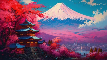 Fototapeta na wymiar Mount Fuji with cherry blossom trees and red temple