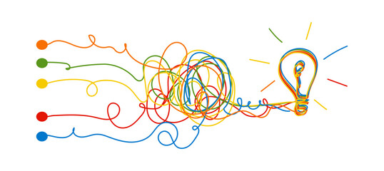 Messy scribble lines going to final direction. Freehand path coming to problem solution. Way from start to idea, from complicated to simple. Team work concept. Colorful doodle vector illustration - obrazy, fototapety, plakaty